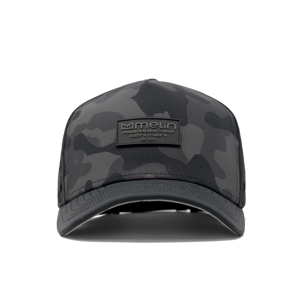 The frontal view of the Melin Split Fit Odyssey Brick Hydro hat in black camo Big Image - 2