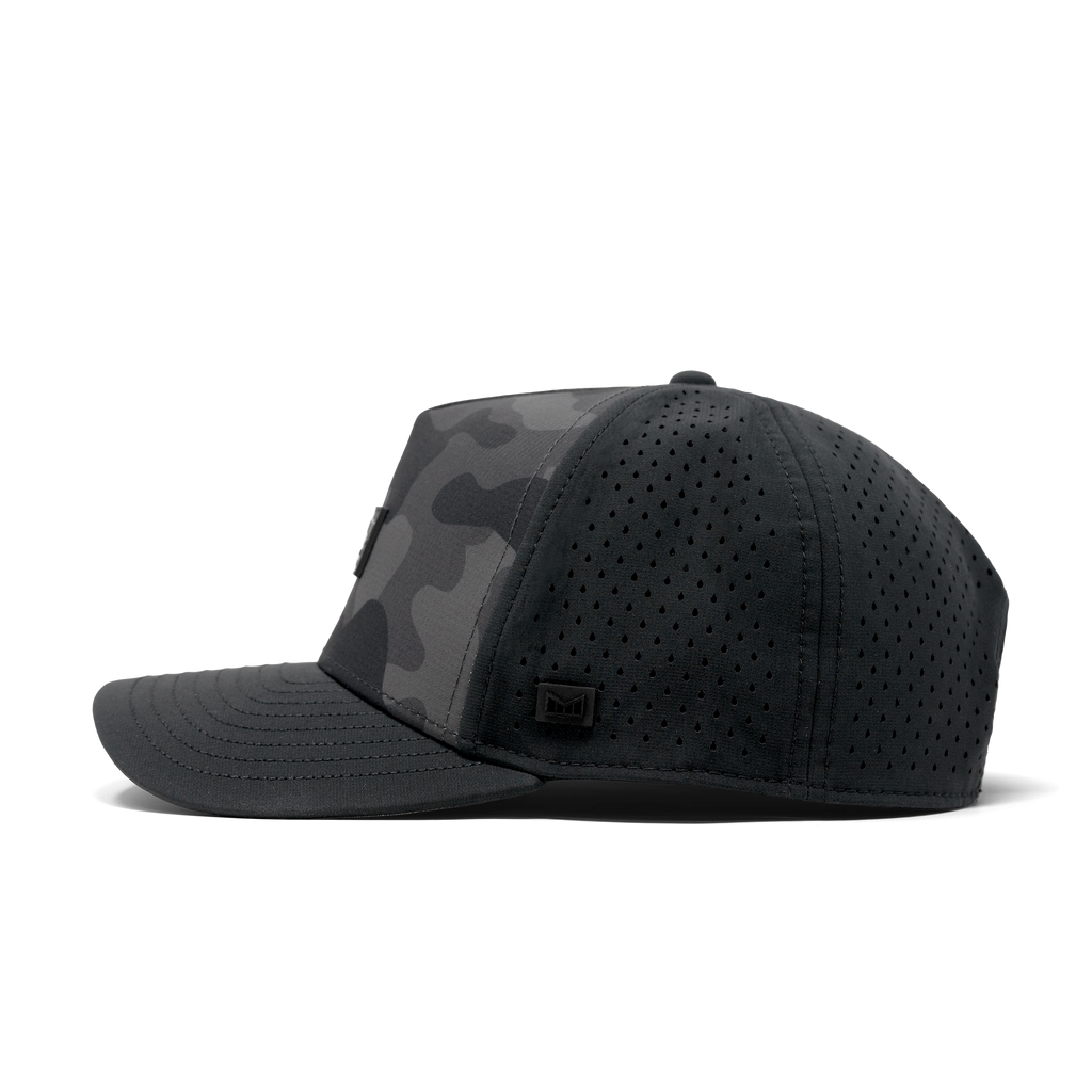 The side view of the Melin Split Fit Odyssey Brick Hydro hat in black camo Big Image - 3