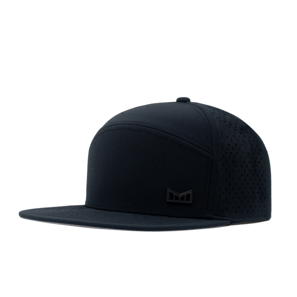 The angled view of the Melin Horizon Fit Treches Icon Hydro hat in black Big Image - 1