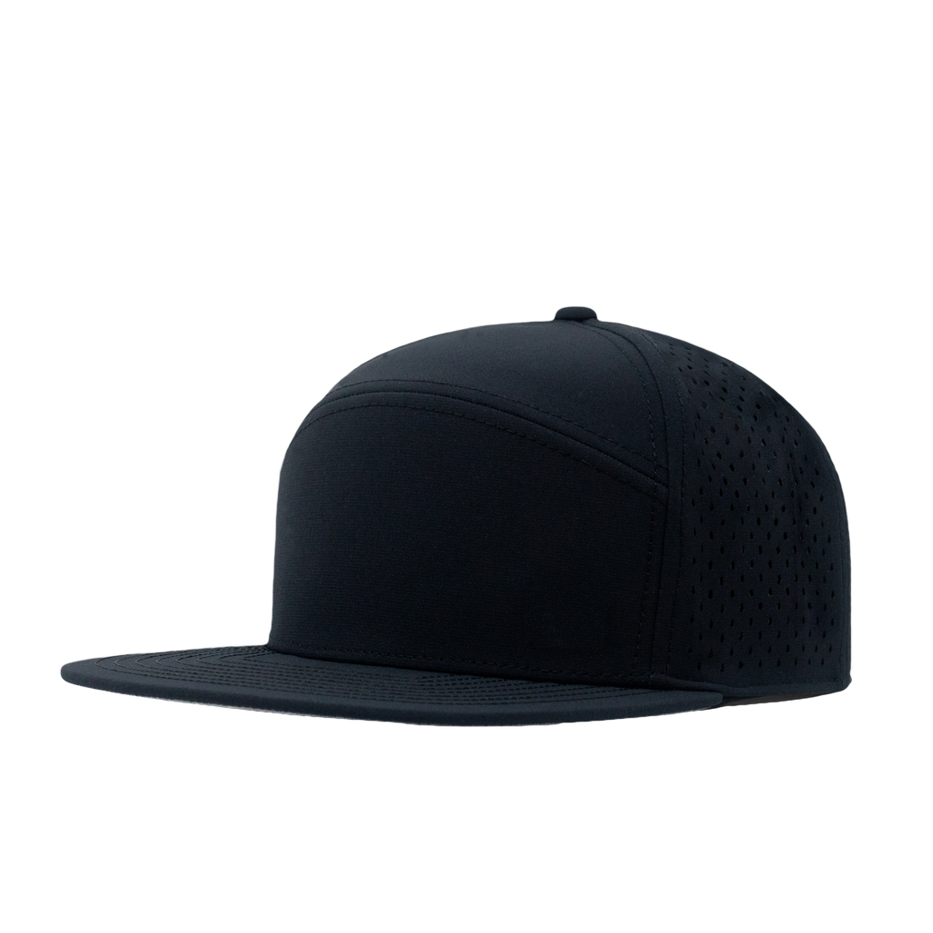 The front, angled view of melin's Trenches Hydro snapback hat in black for men and women. Big Image - 1