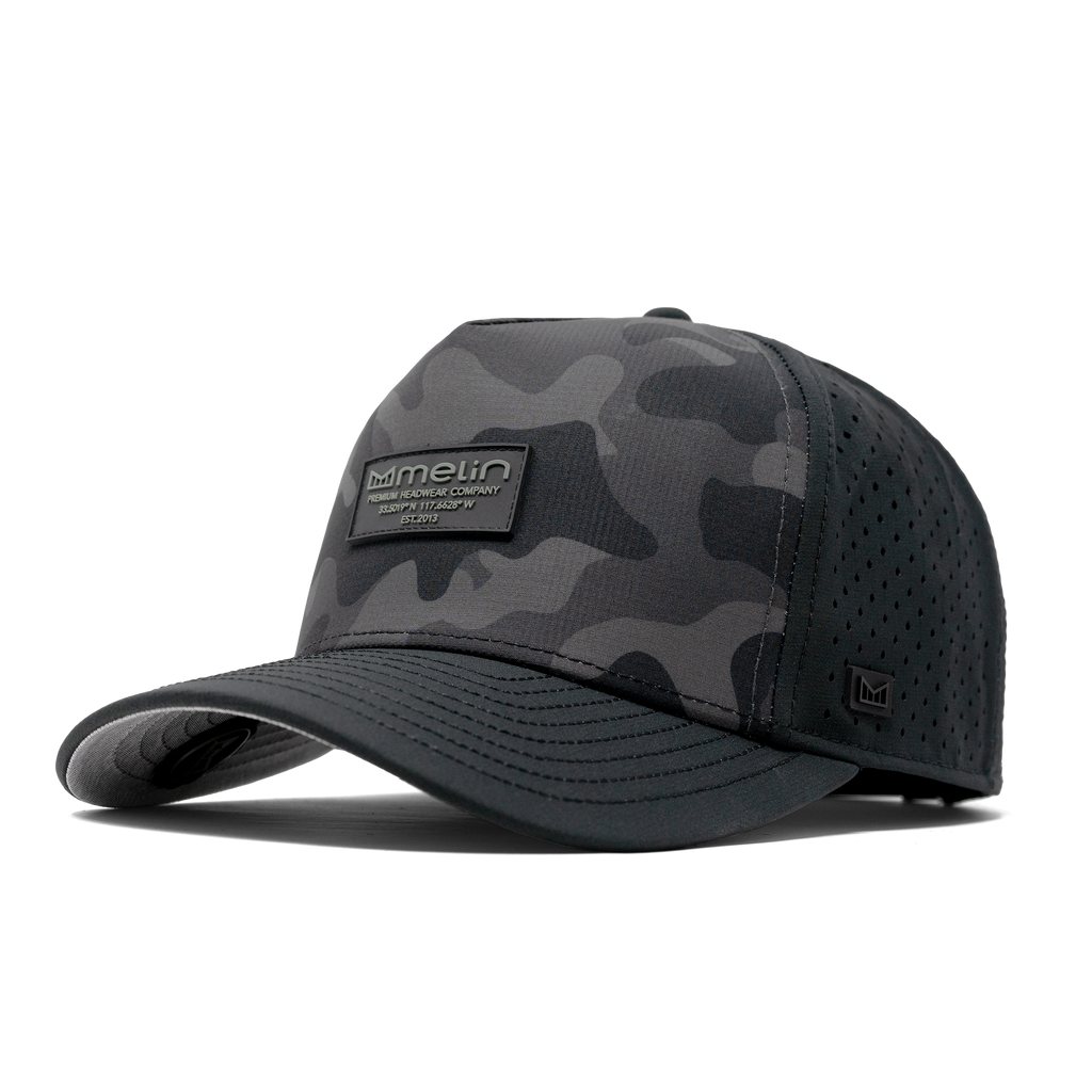 The angled view of the Melin Split Fit Odyssey Brick Hydro hat in black camo midnight Big Image - 1