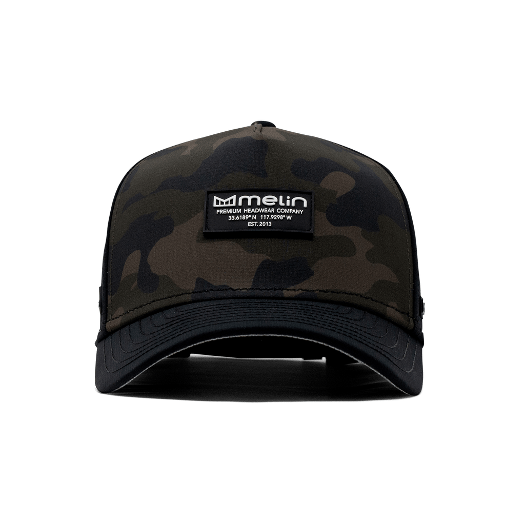 The front view of the Melin Split Fit Odyssey Brick Hydro hat in green camo Big Image - 2
