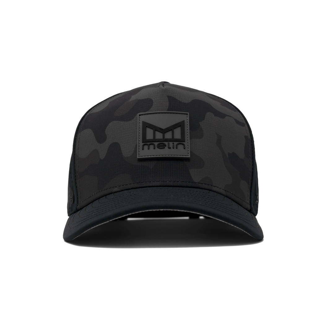 The front view of the Melin Split Fit Odyssey Stacked Hydro hat in black camo Big Image - 2