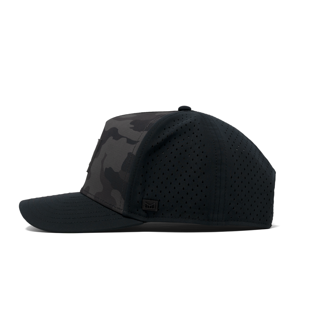 The side view of the Melin Split Fit Odyssey Stacked Hydro hat in black camo Big Image - 3