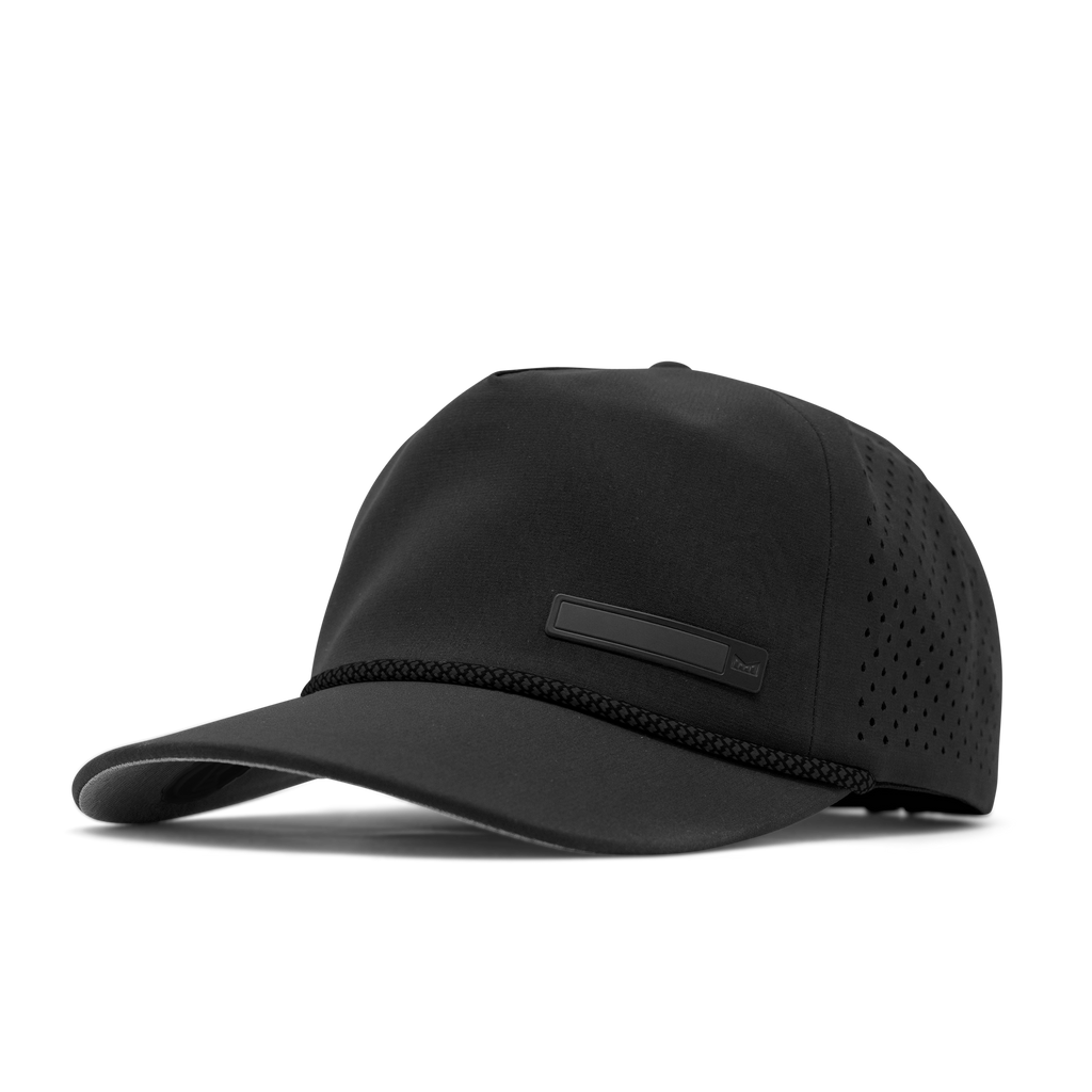 The front, angled, curved bill view of melin's Coronado Beam Hydro Heather Black snapback for men and women. Big Image - 6